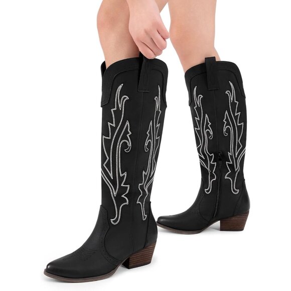 DREAM PAIRS Womens Black Cowboy Boots Wide Calf Knee High Ladies - Picture 8 of 9
